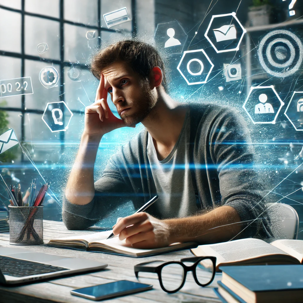8 Dicas Infalíveis para Focar Mais e Melhorar sua Concentração 2 DALL·E 2025 04 24 11.32.32 A realistic image of a person sitting at a desk struggling to focus looking distracted with a cluttered desk and digital distractions around. Repres 1