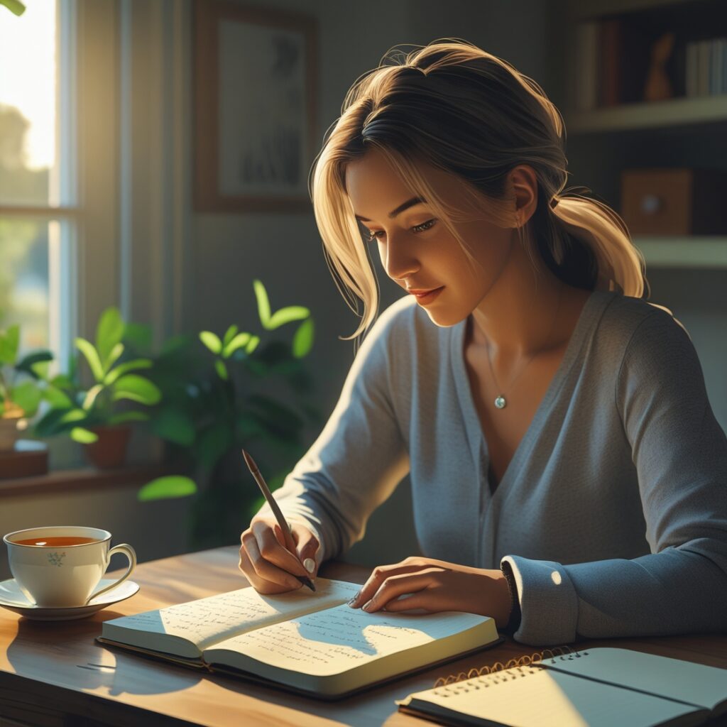 Como usar Journaling para Crescimento Pessoal 2 Mulher realista em foco exercitando o Journaling